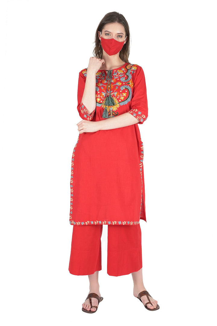 Kashmiri Embroidered Kurta - Ksona | Elegant Hand - Embroidered Cotton Kurta Set with Plazo and Dupatta, Perfect for Festive Occasions | Customized Kashmiri Embroidered Kurta Set