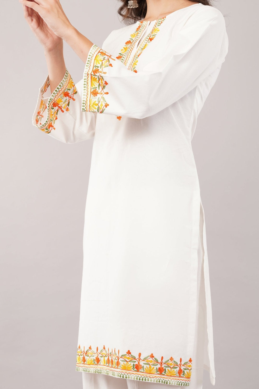 White Embroidered Cotton Kurta with High-Waisted Flare Pants