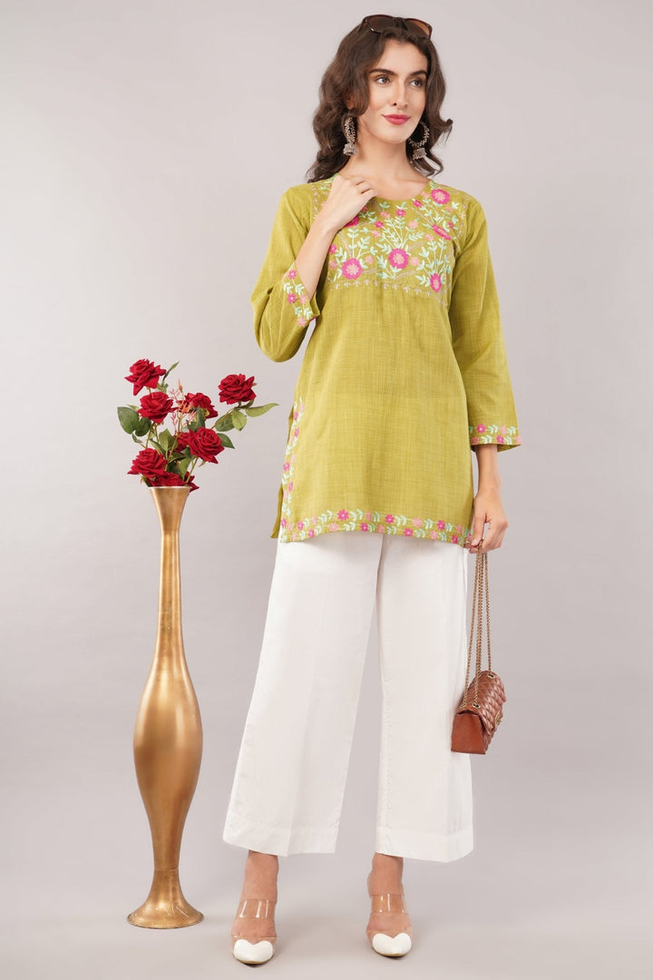 Lime Green Floral Embroidered Cotton Kurti | Summer Casual Short Kurta for Women