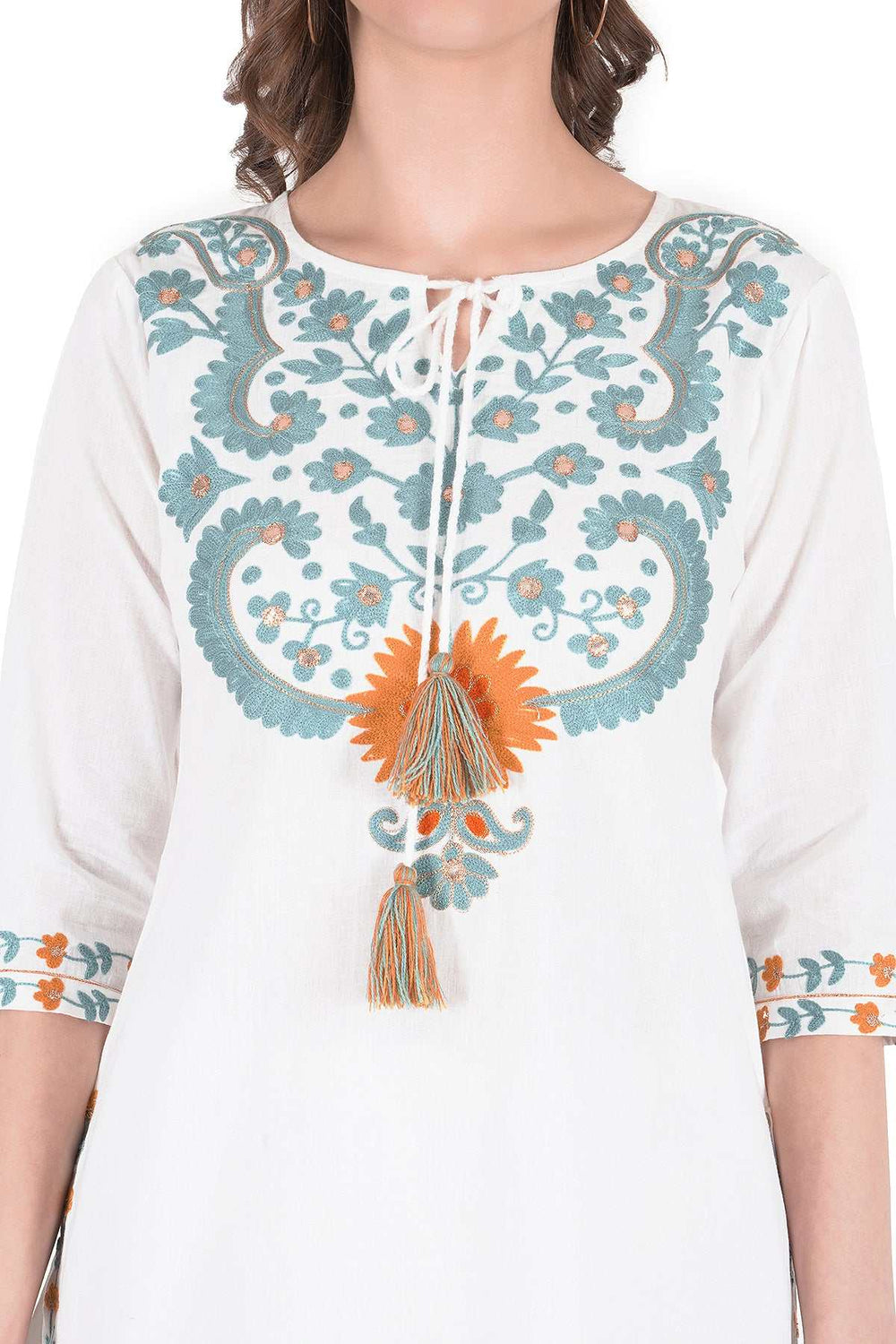 Kashmiri Embroidered Kurta - Ksona | Elegant Hand - Embroidered Cotton Kurta Set with Plazo and Dupatta, Perfect for Festive Occasions | Customized Kashmiri Embroidered Kurta Set