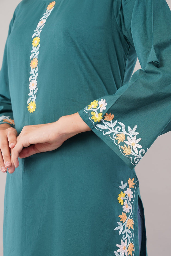 Kashmiri Embroidered Kurta - Ksona | Elegant Hand - Embroidered Cotton Kurta Set with Plazo and Dupatta, Perfect for Festive Occasions | Customized Kashmiri Embroidered Kurta Set