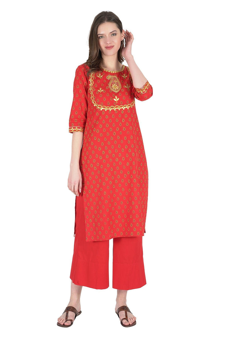 Kashmiri Embroidered Kurta - Ksona | Elegant Hand - Embroidered Cotton Kurta Set with Plazo and Dupatta, Perfect for Festive Occasions | Customized Kashmiri Embroidered Kurta Set