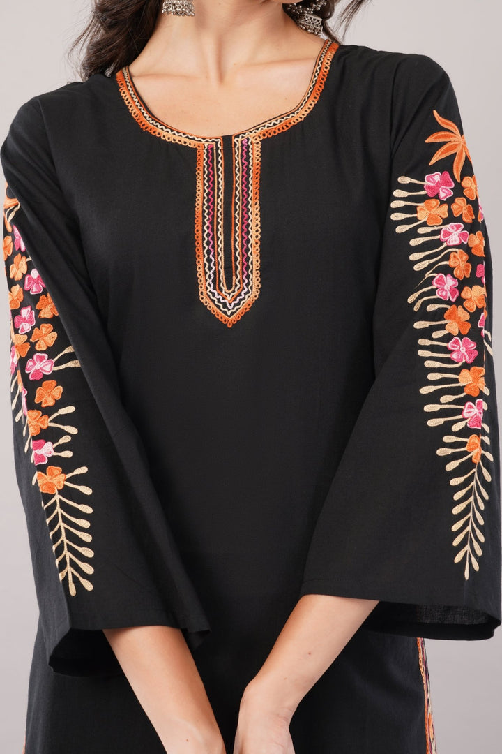 Kashmiri Embroidered Kurta - Ksona | Elegant Hand - Embroidered Cotton Kurta Set with Plazo and Dupatta, Perfect for Festive Occasions | Customized Kashmiri Embroidered Kurta Set
