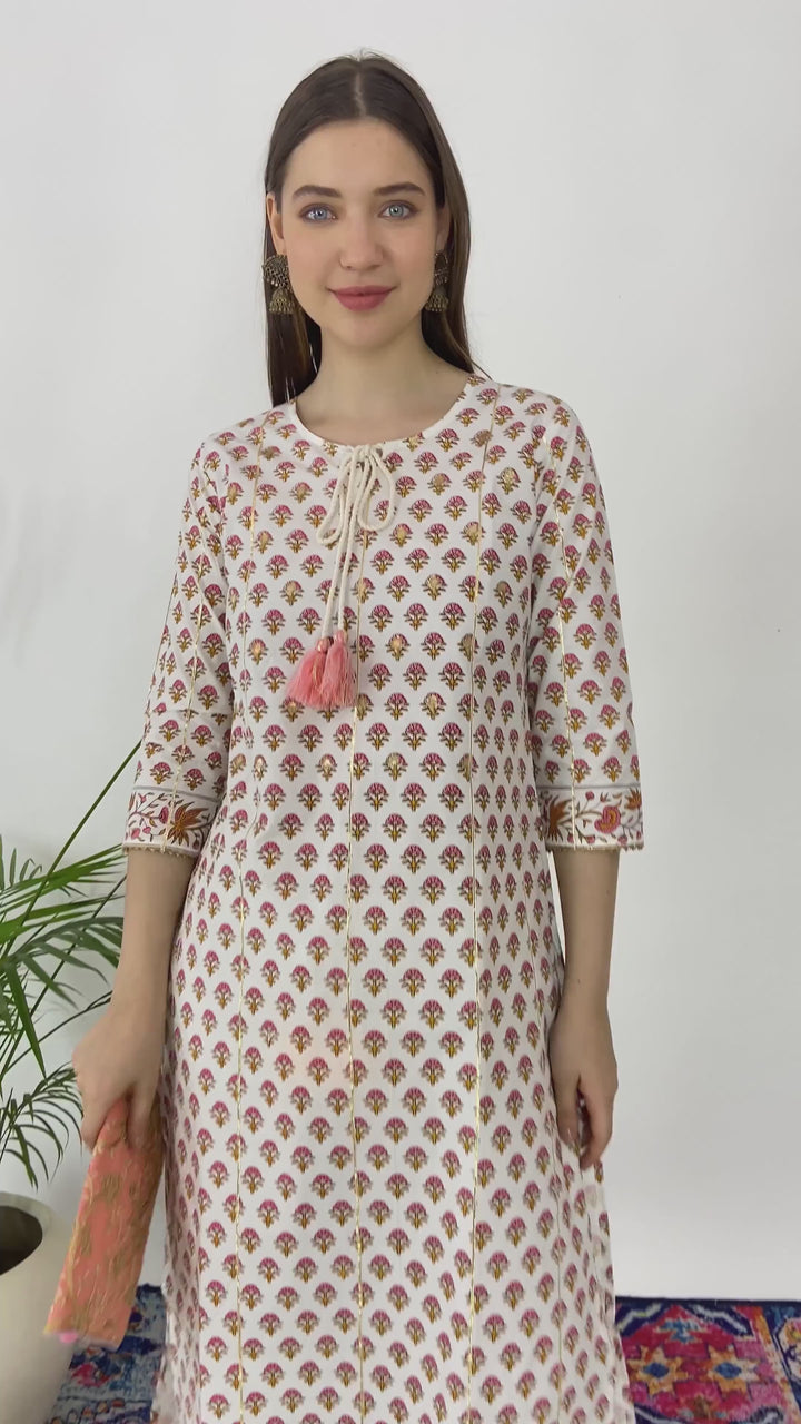 Woodblock Hand Print Cotton Straight Kurta Zari Work