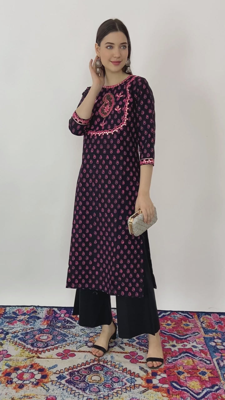 Black Embroidered Hand block Long Print Kurti